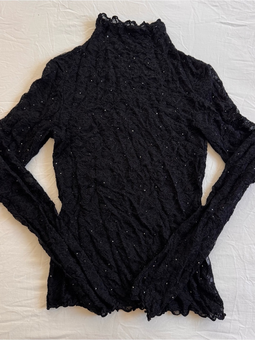 Sexy black lace long sleeve mock neck top with rhinestones - Picture 7 of 7
